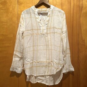 Liverpool White & Beige Plaid Cotton Gauze Popover Blouse-Sz S-Vneck-Beachy‎